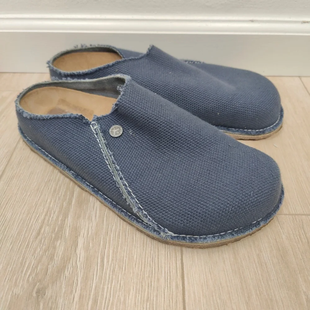 Birkenstock Mens Zermatt Clogs 11 Navy Blue Canvas Frayed Edge Gorpcore Granola